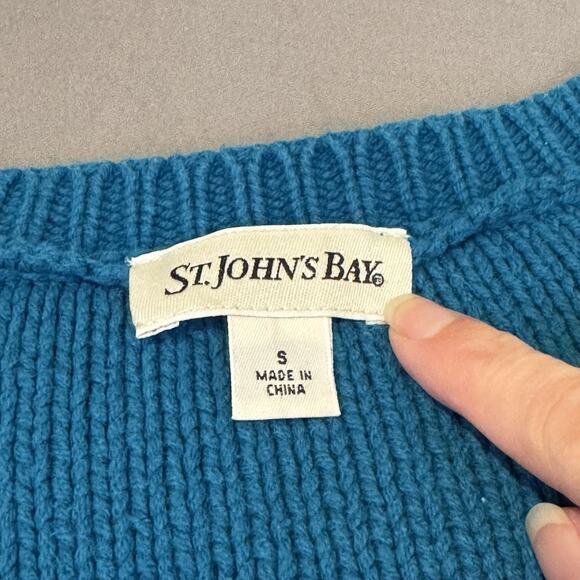 St Johns Bay Size S Teal Blue Cable Knit Womens long Sleeve Sweater V-Neck - Picture 3 of 6